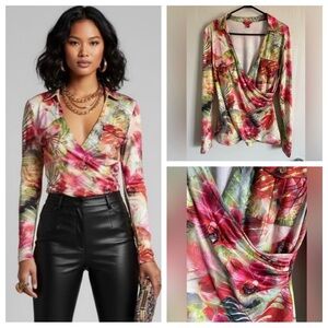 Vintage Guess Red Label Wrap Top Y2K Orchid Floral Indie Sleaze